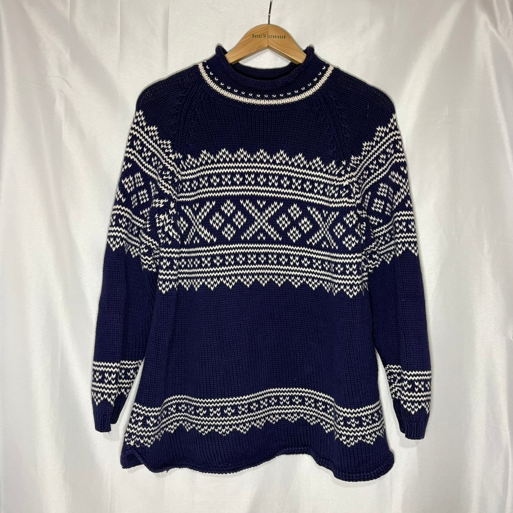 Vintage Eddie Bauer Navy Blue White Fair Isle Cotton Roll Neck Sweater Womens M